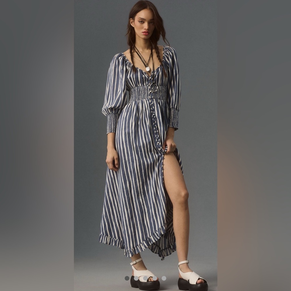 Anthropologie Long Sleeve Sweetheart Midi Dress Navy and White Striped